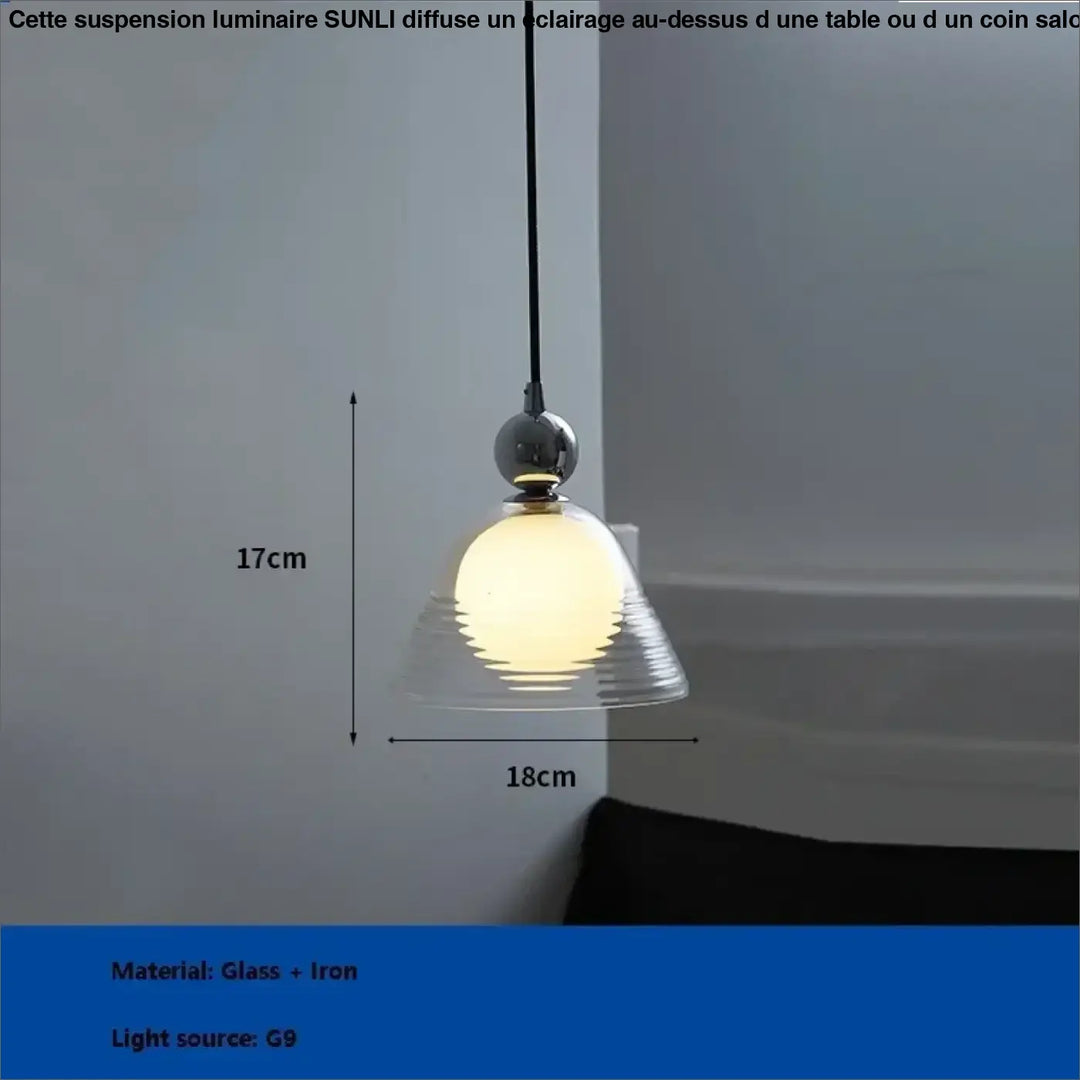 Suspension luminaire sunli avec abat-jour en verre côtelé transparent et tête sphérique chrome poli moderne
