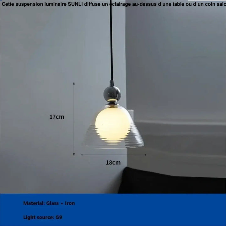 Suspension luminaire sunli avec abat-jour en verre côtelé transparent et tête sphérique chrome poli moderne