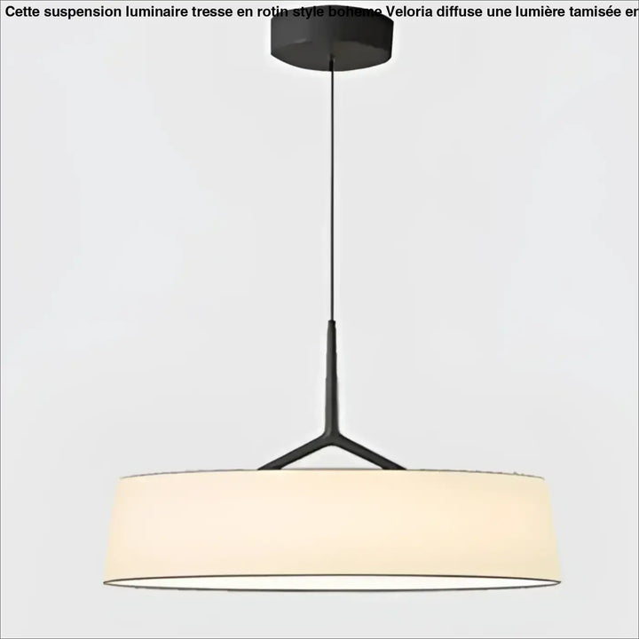 Suspension luminaire tresse en rotin style boheme avec abat-jour crème en tissu et structure métal noir moderne