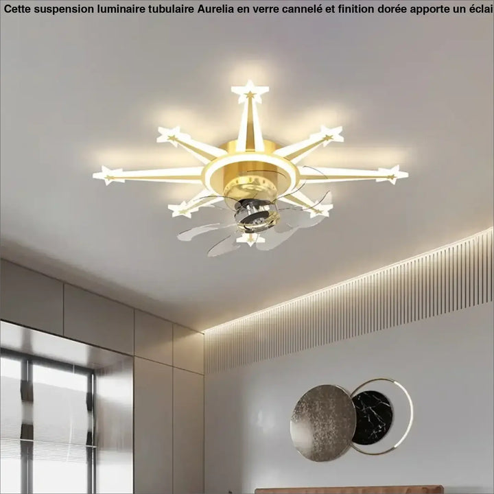 Luminaire plafonnier axiel avec ventilateur de plafond forme étoile dorée leds intégrées et pales transparentes sont-elles incluses
