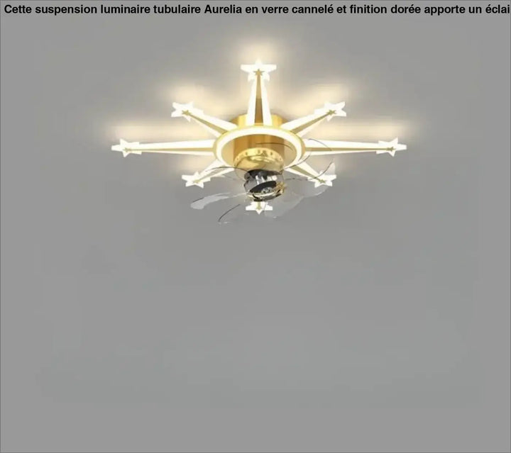 Luminaire plafonnier axiel avec ventilateur doré et lumières en forme detoile avec pales transparentes sont elles incluses