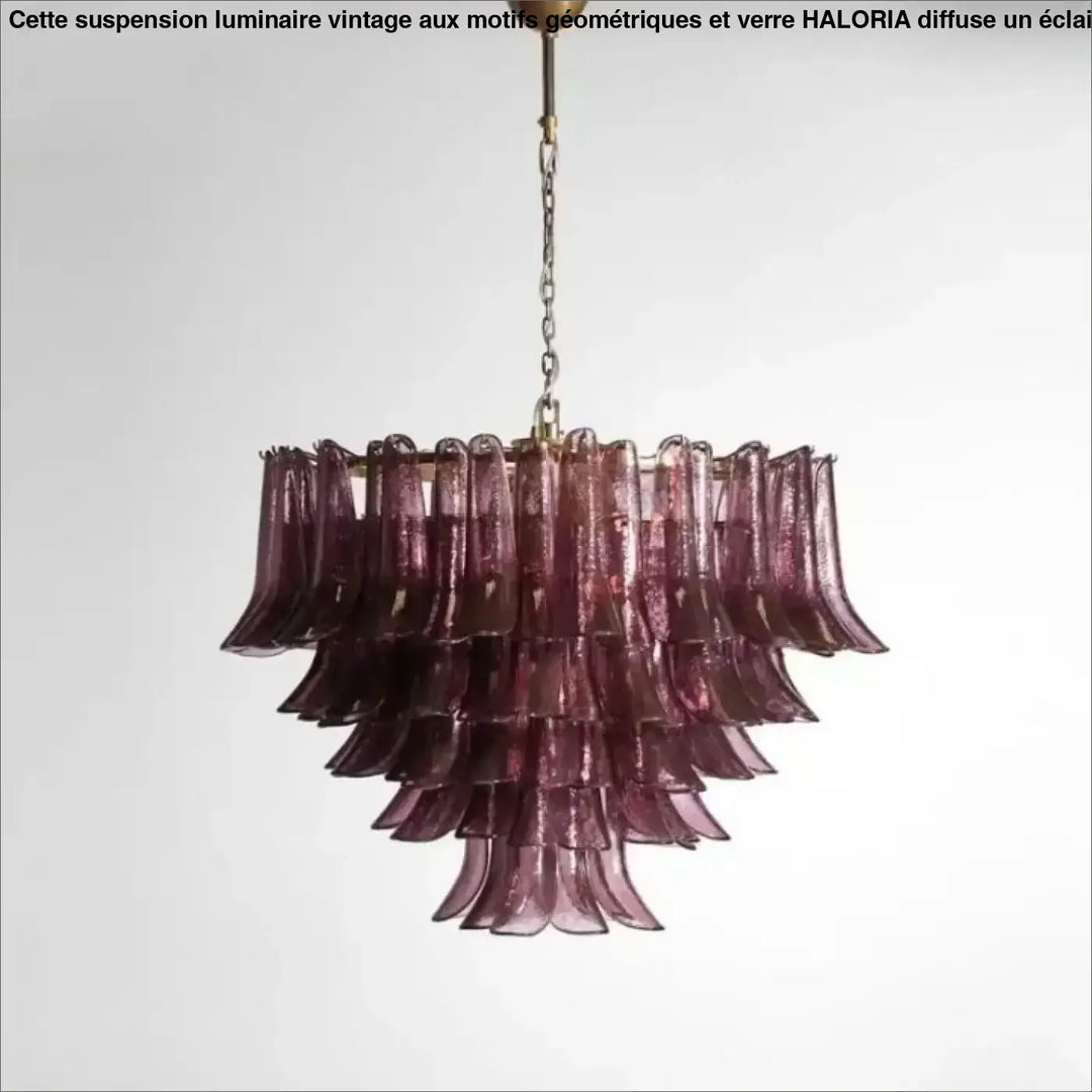 Suspension luminaire vandis effet cascade en verre sculpté violet profond avec chaîne et support finition laiton