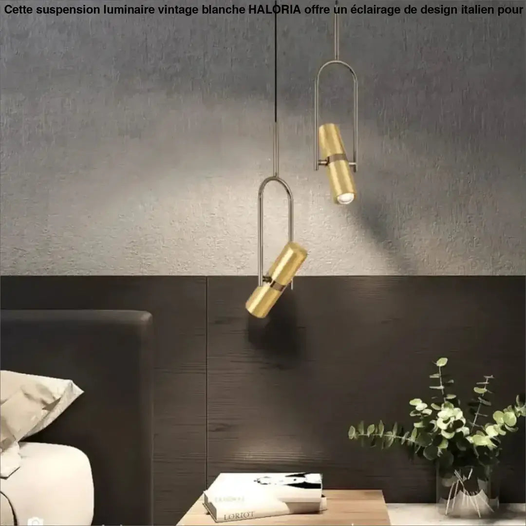 Suspension luminaire sigo avec deux spots orientables en laiton brossé à abat-jours cylindriques dorés modernes