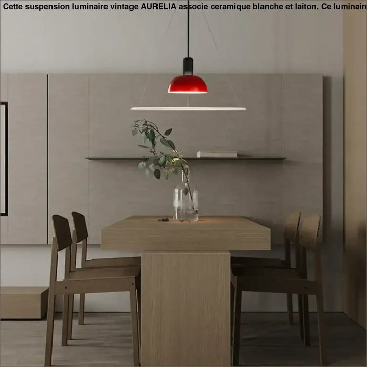 Suspension luminaire design rouge et blanc et argent style graphique


