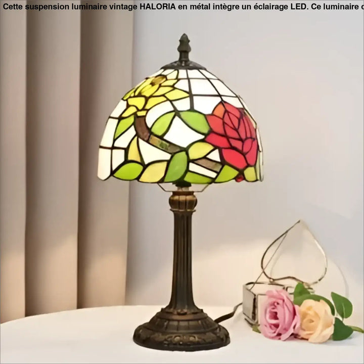 Lampe de chevet lampe avec design vintage à motif floral de roses rouges et fleurs jaunes sur socle bronze ornée luminaire antique