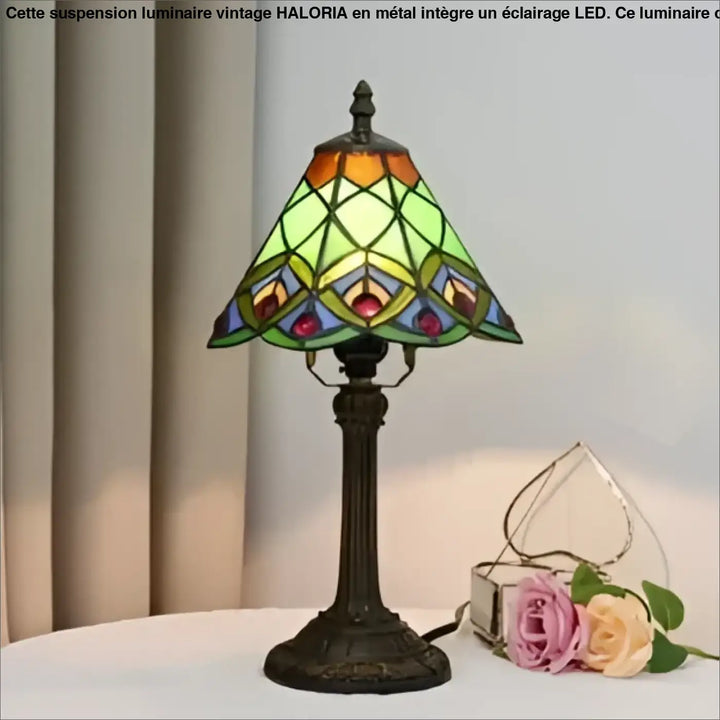 Lampe de chevet lampe de chevet antika luminaire antique en verre teinté design vintage plumes de paon vert orange bleu base en bronze