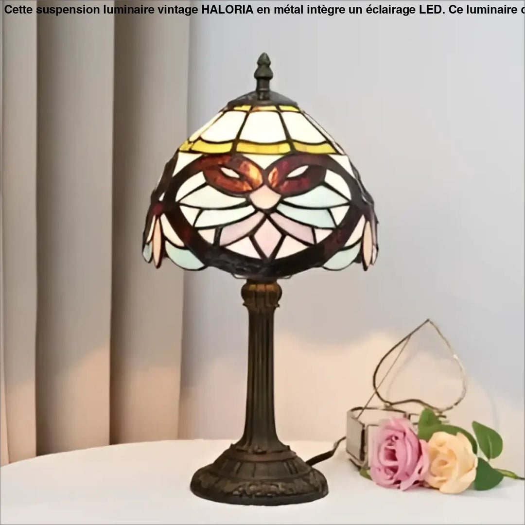 Lampe de chevet lampe de style luminaire antique avec abat-jour en vitrail aux motifs de masque en blanc jaune et brun
