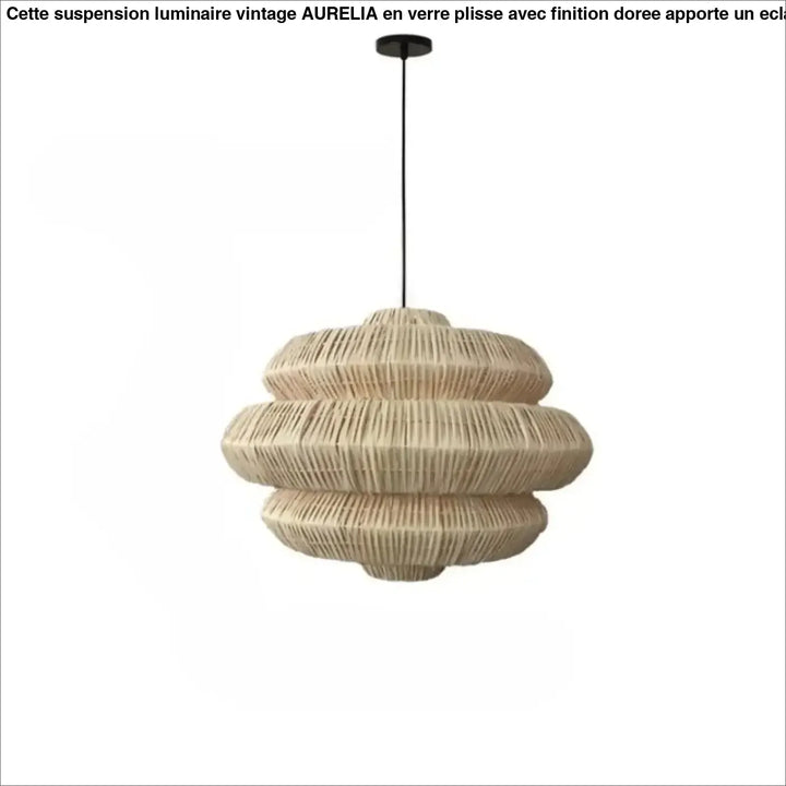 Suspension luminaire artisanale beige en rotin tressé formes superposées avec suspension métal noir design Tiello