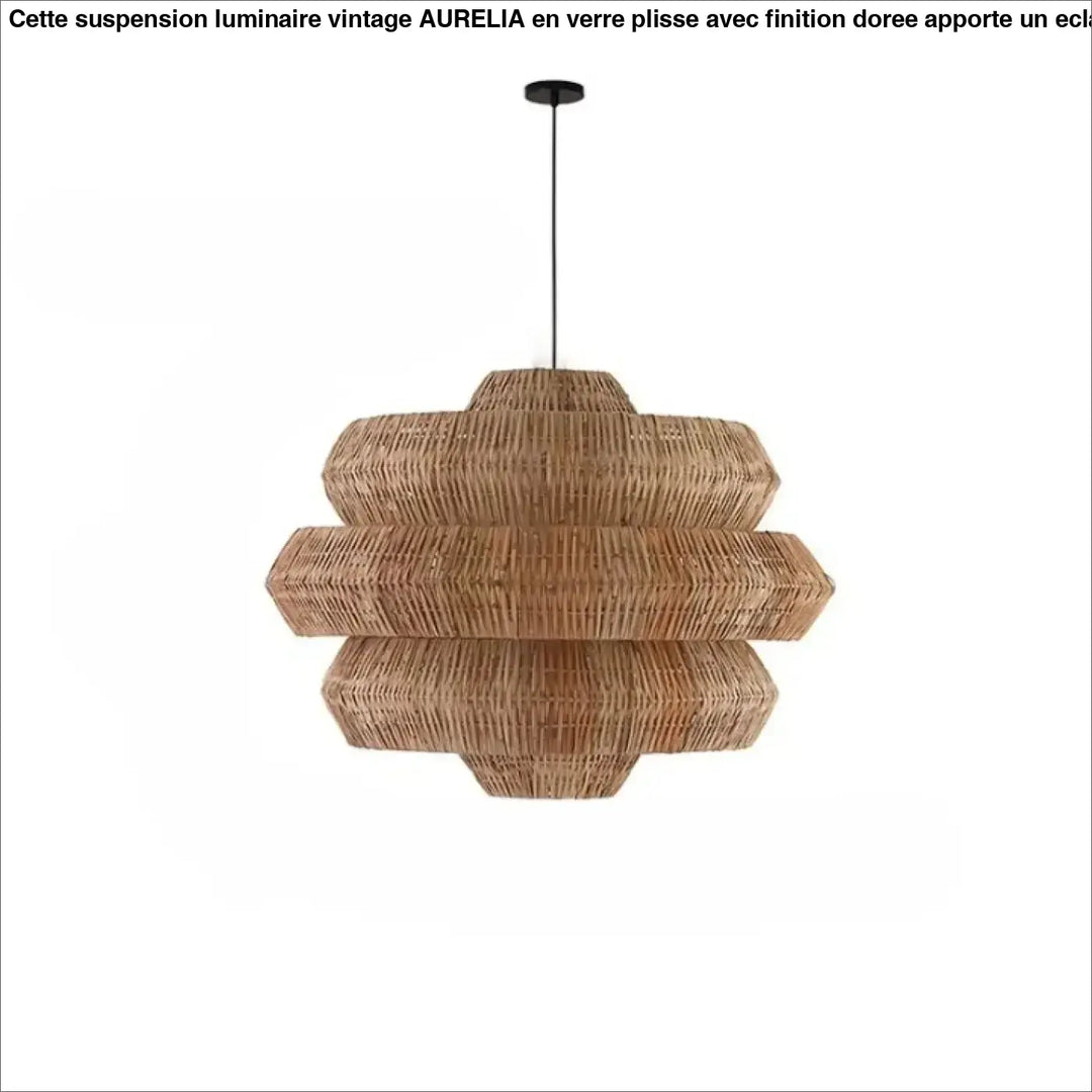 Suspension luminaire artisanale en rotin naturel avec formes superposées hexagonales en beige chaud, modèle Tiello
