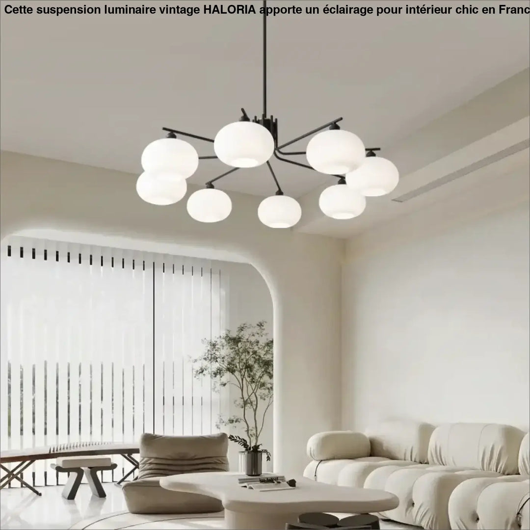 Suspension luminaire antiki en métal noir moderne avec six abat-jours sphériques en verre dépoli blanc vert pastel raffinée