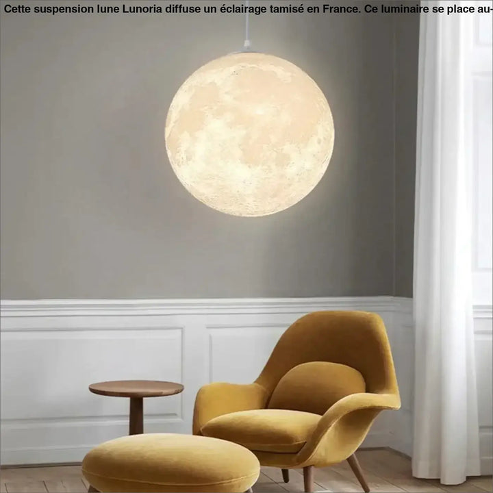 Suspension lune lune lunaire lumineuse et chaleureuse au-dessus d’une table ou d’un coin salon