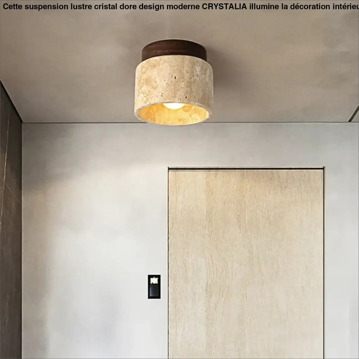 Plafonnier led pierre et bois pour entrée ou salon élégant