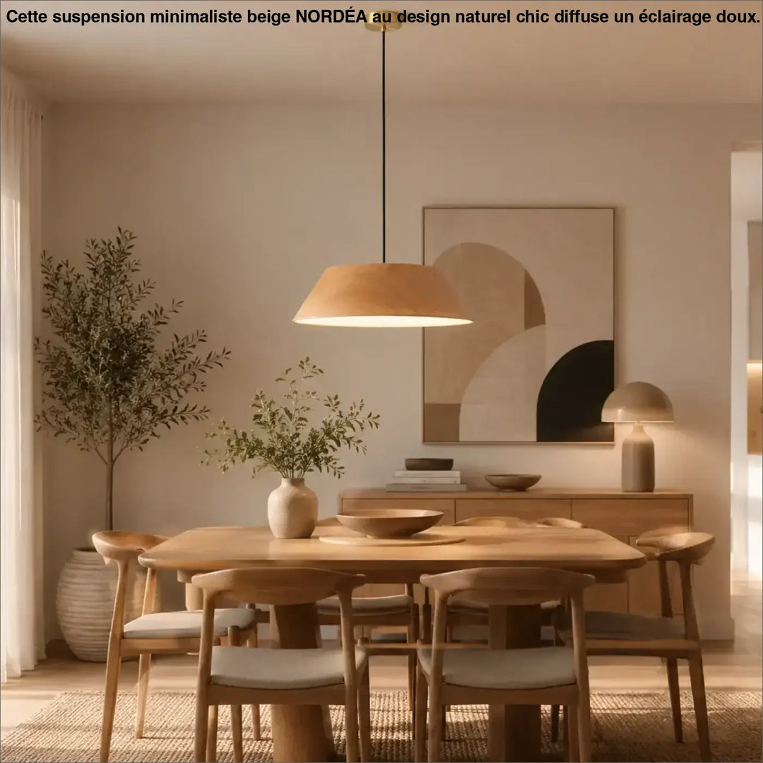 Suspension luminaire tilia en tissu tressé et laiton apporte immédiatement une ambiance chaleureuse à la salle à manger