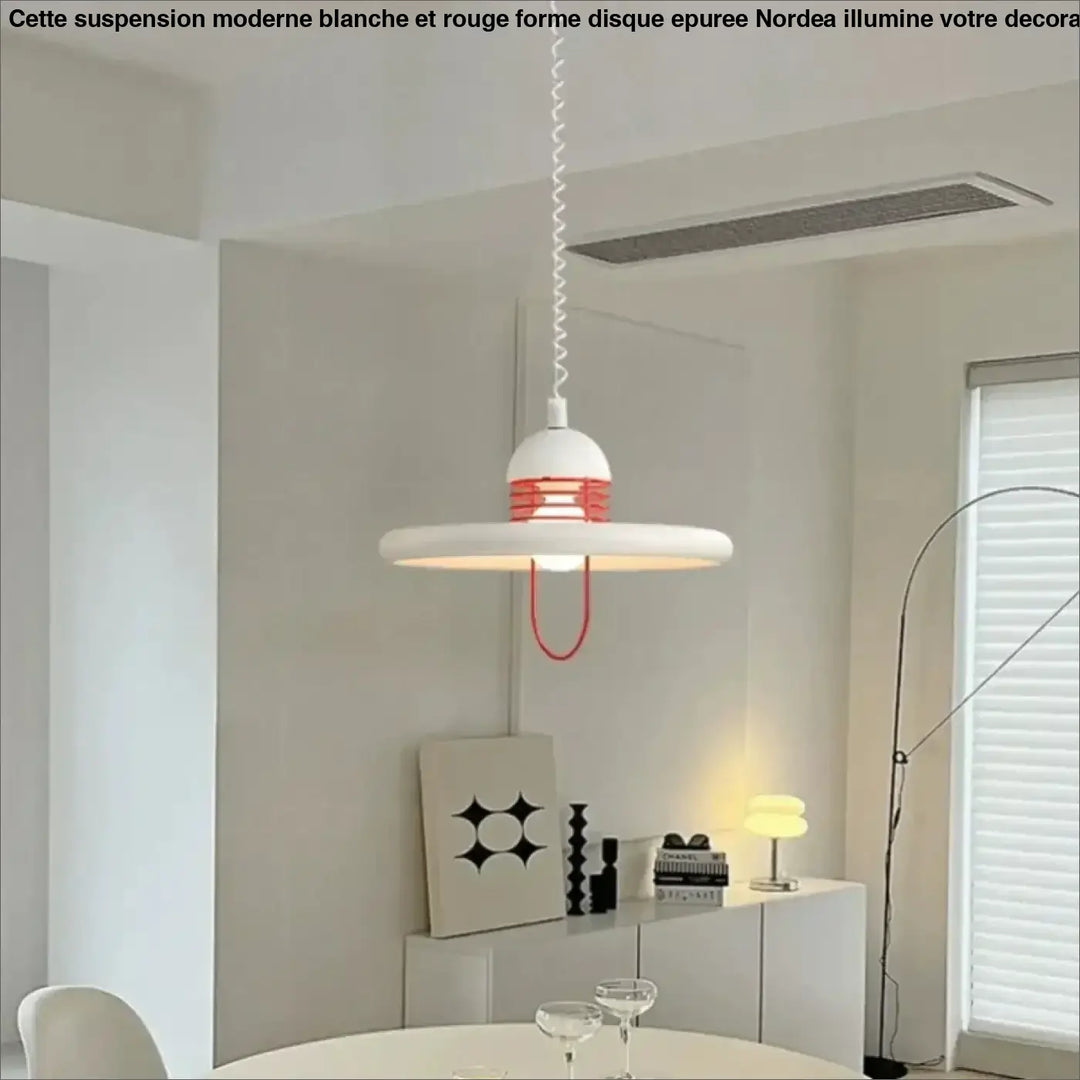 Suspension moderne blanche et rouge en forme de disque épurée