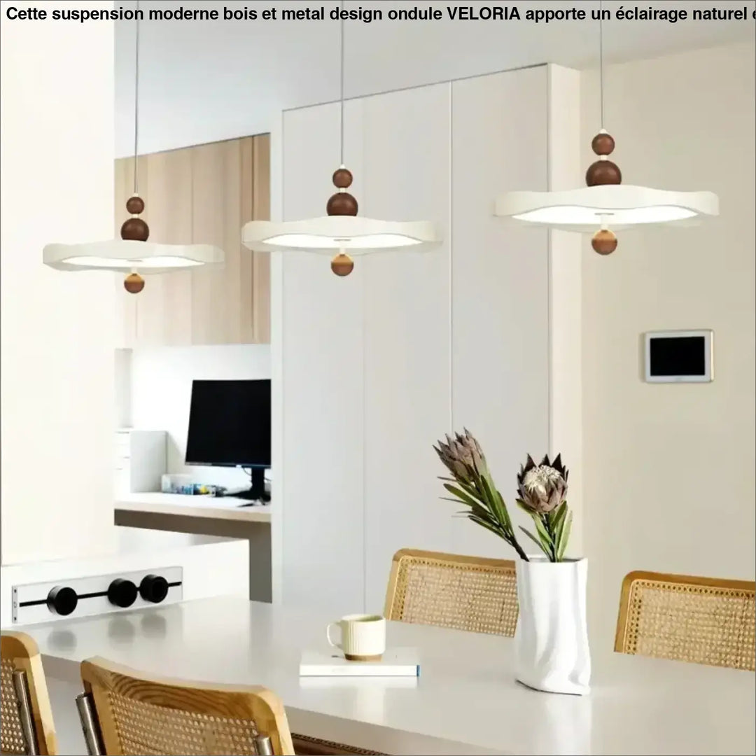 Suspension moderne bois et métal design ondulé cuisine salon

