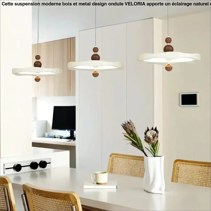 Suspension moderne bois et métal design ondulé cuisine salon

