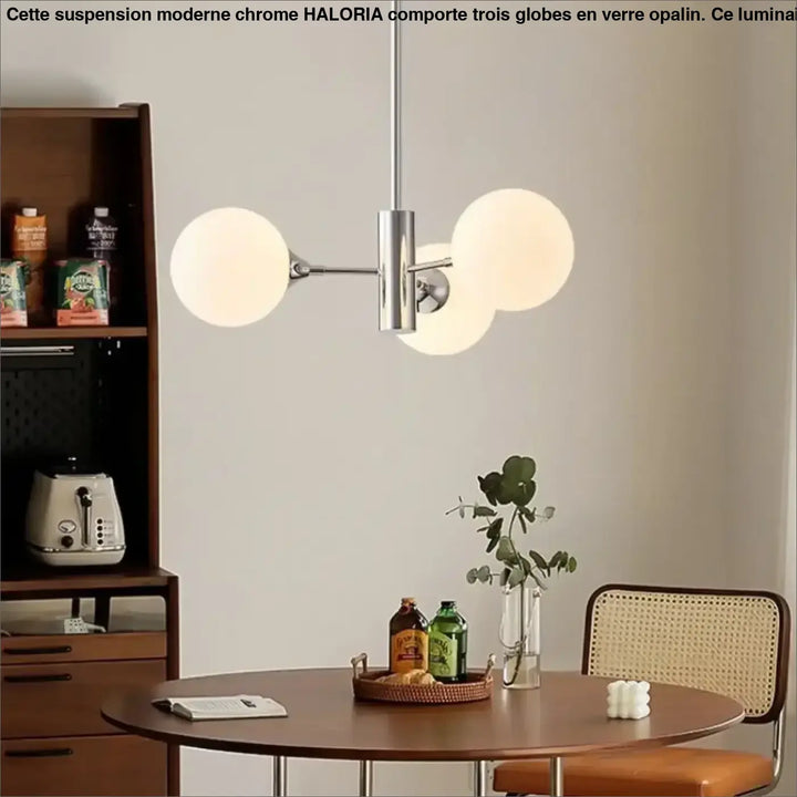 Suspension moderne chrome à globes en verre opalin style contemporain

