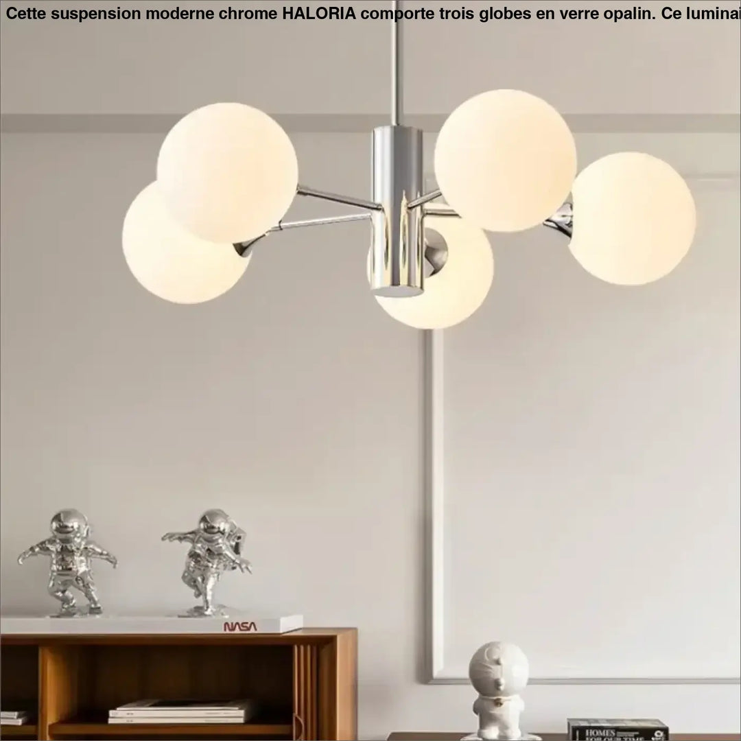 Suspension moderne chrome à globes en verre opalin style contemporain

