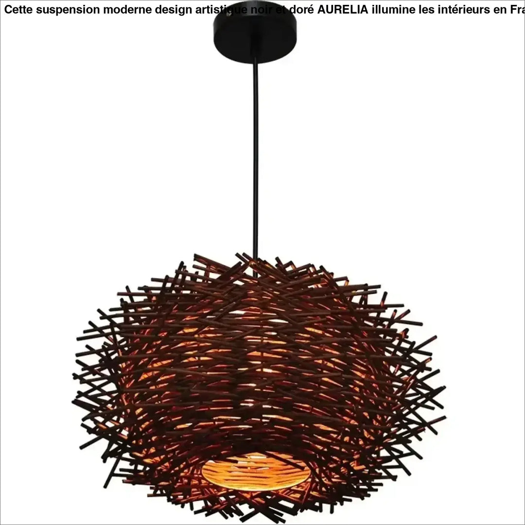 Suspension moderne design artistique noire et dorée en bois tressé sphérique suspendue par tige noire