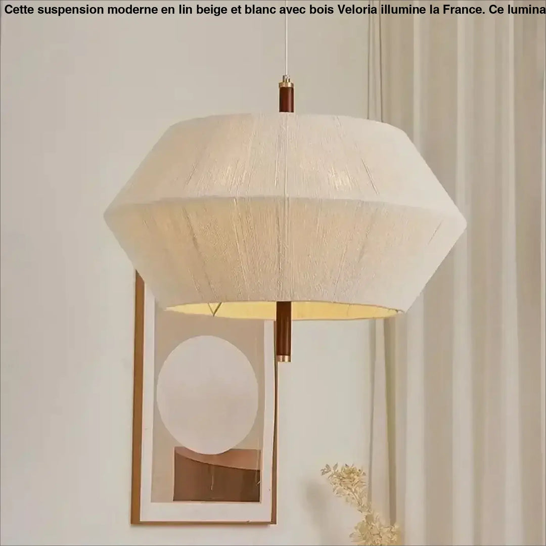 Suspension moderne en lin beige et blanc avec détails en bois