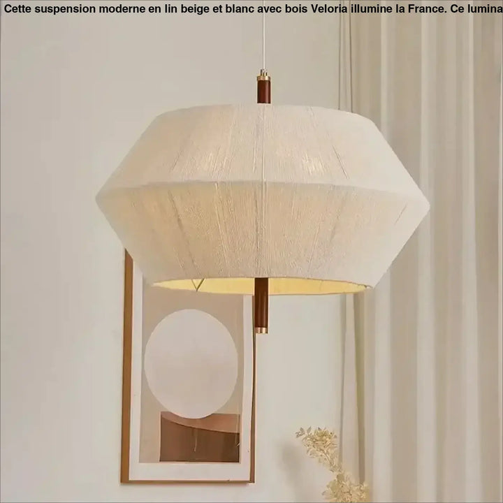 Suspension moderne en lin beige et blanc avec détails en bois