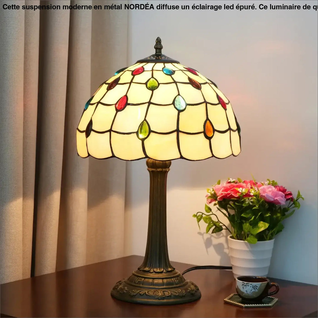 Lampe de table nanih avec abat-jour en verre mosaïque vintage orné de gouttes colorées et base en bronze décorative