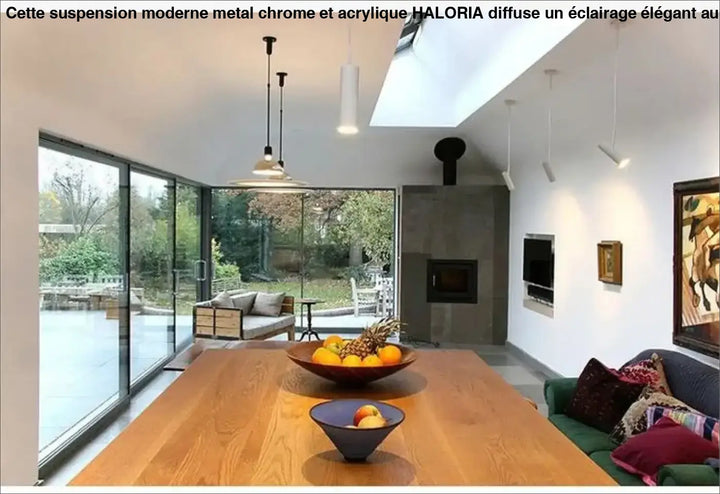 Suspension moderne métal chromé et disque acrylique translucide élégant