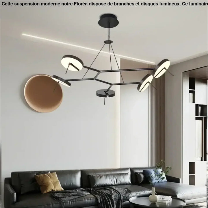 Suspension moderne noire à branches et disques lumineux

