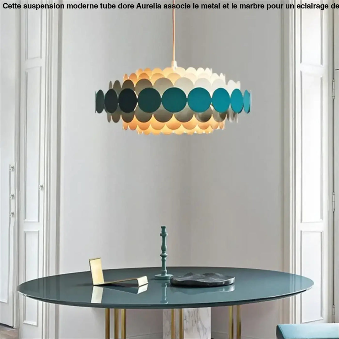 Suspension luminaire calou un chandelier de plafond minimaliste moderne aux disques ondulés chevauchants teal et crème