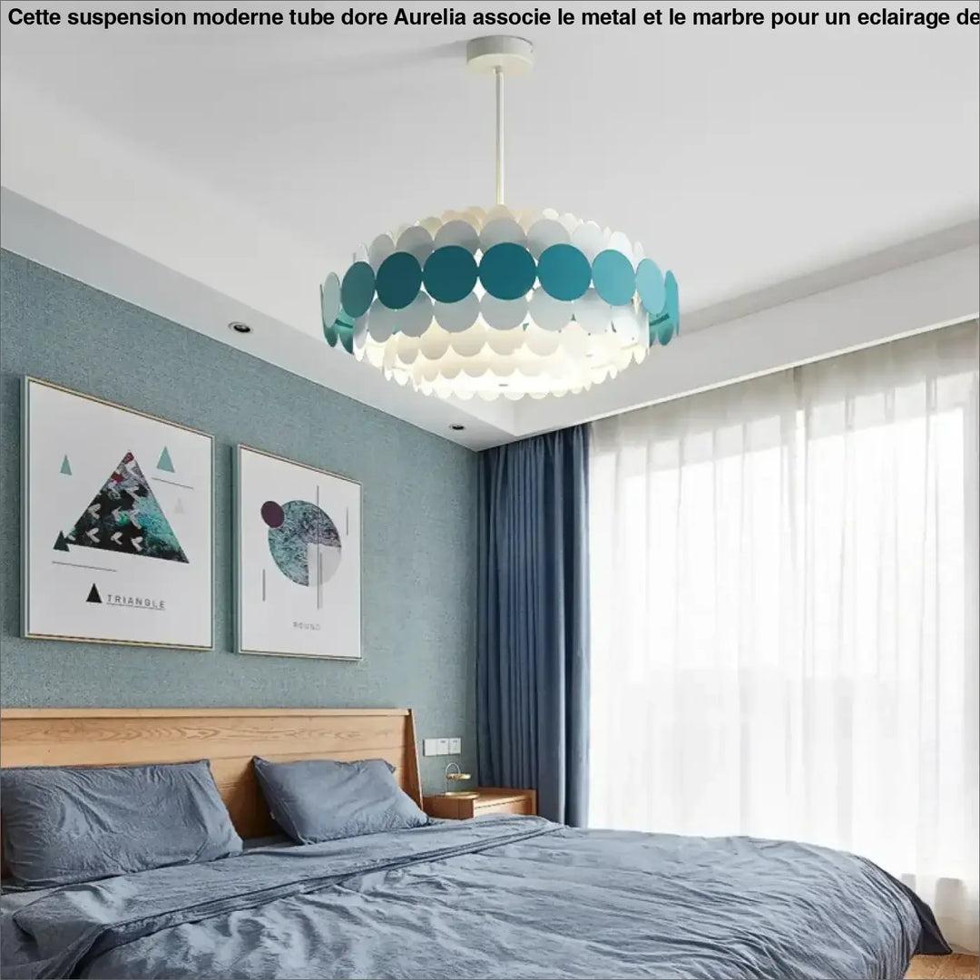 Suspension luminaire calou plafond chandelier minimaliste en verre translucide teal et blanc design circulaire