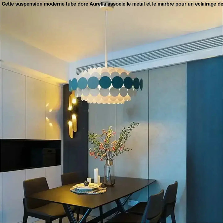 Suspension luminaire calou avec disque en éventail vert sarcelle et blanc pour un lustre de plafond minimaliste moderne