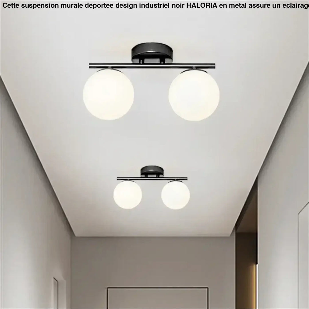 Suspension murale deportee design industriel noir en metal avec deux globes en verre depoli haloria