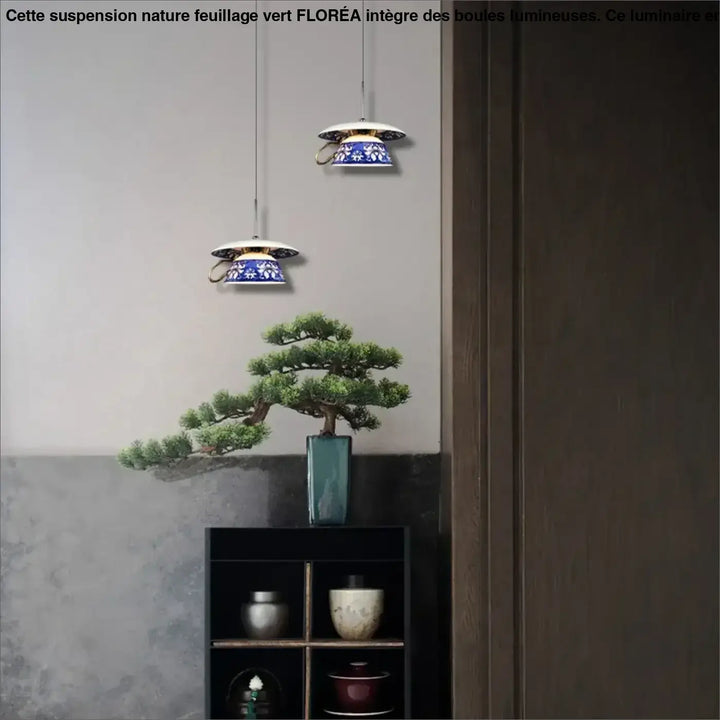 Suspension luminaire chinoise style tasse à fleurs bleues élégante