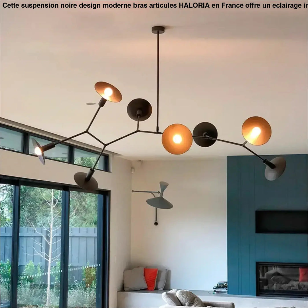 Suspension noire design moderne bras articulés style industriel


