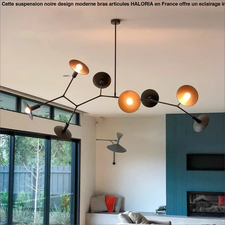 Suspension noire design moderne bras articulés style industriel

