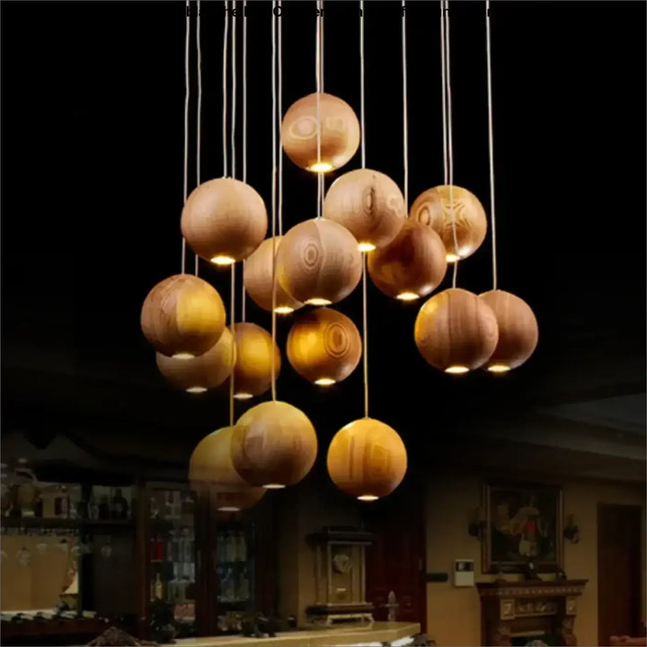 Suspension sphères en bois naturel design contemporain