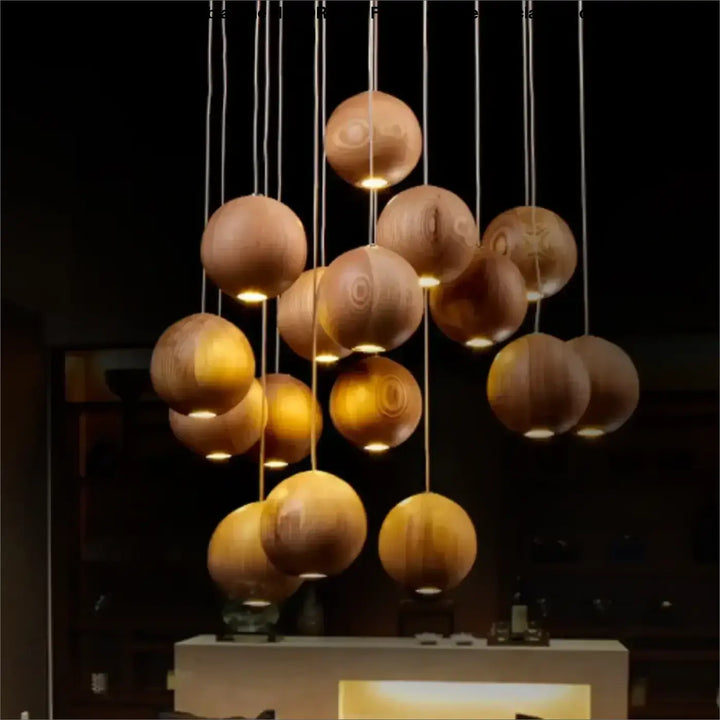 Suspension sphères en bois naturel design contemporain