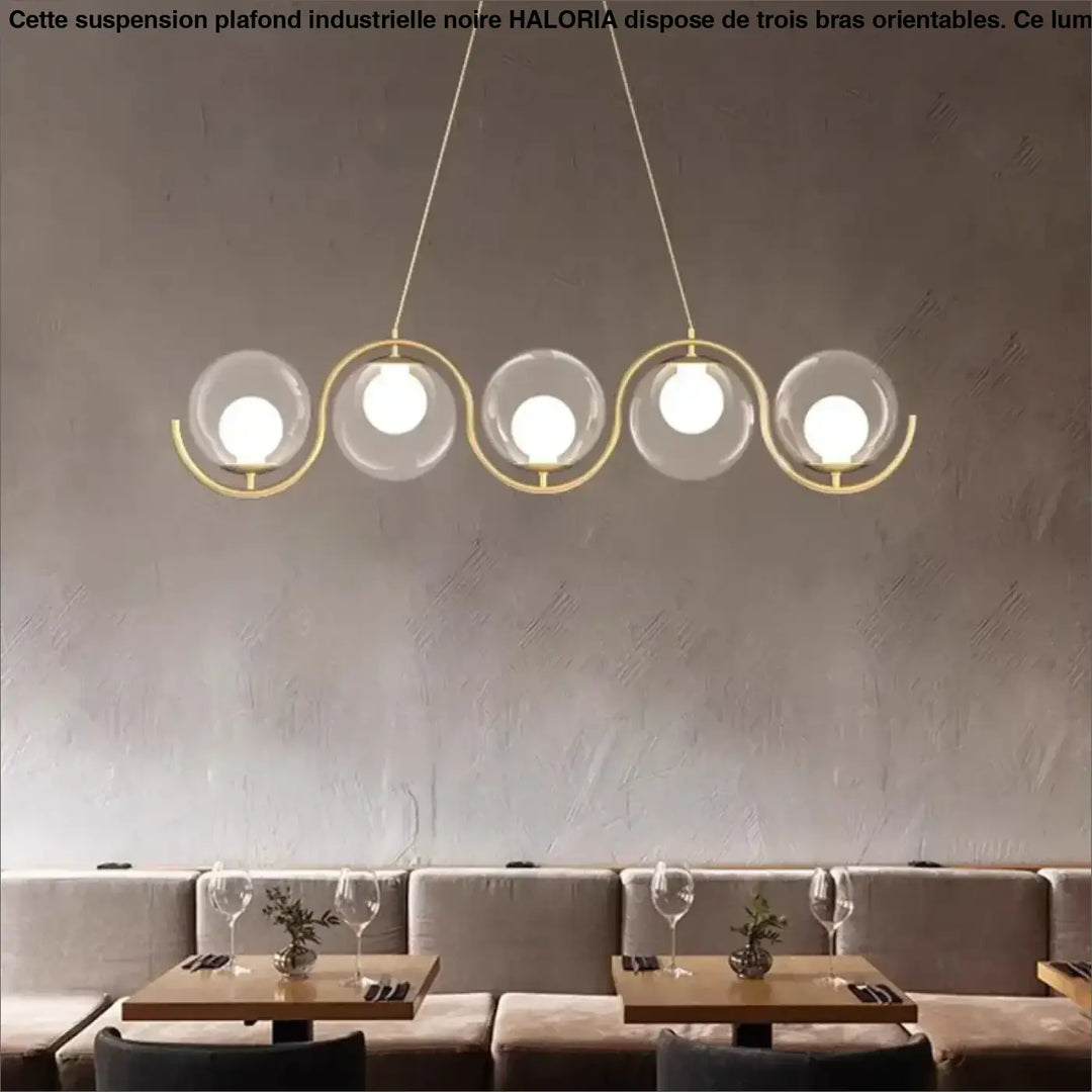 Suspension moderne vagues dorées et boules lumineuses

