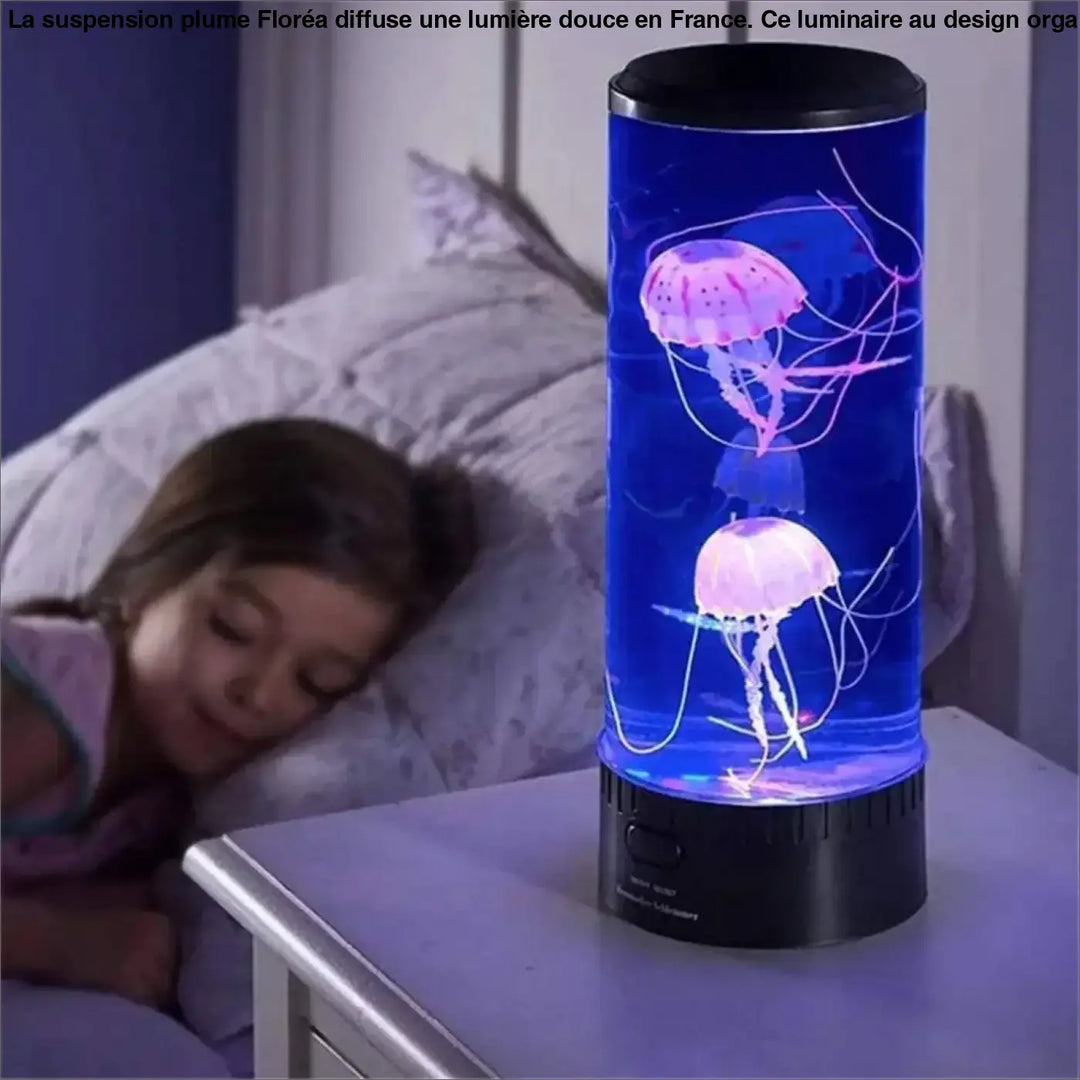 Suspension plume floréa lampe cylindrique bleue avec méduses roses et violettes au-dessus d’une table ou d’un coin salon