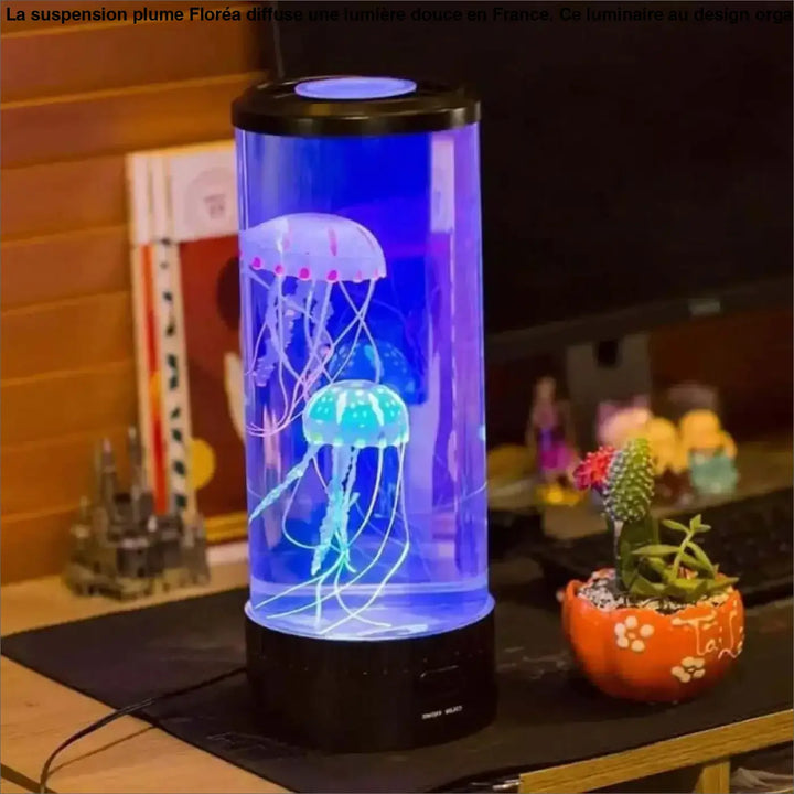 Lampe suspension plume florea cylindrique led avec méduses translucides bleues et violettes au-dessus d’une table ou d’un coin salon