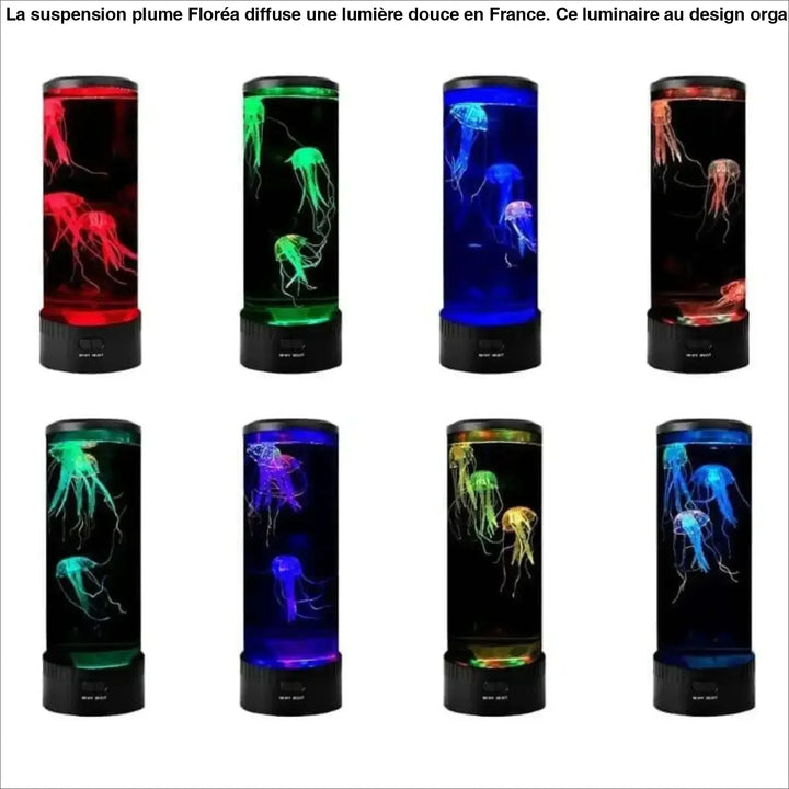 Suspension plume florea huit lampes led cylindriques au-dessus d’une table avec méduses lumineuses multicolores