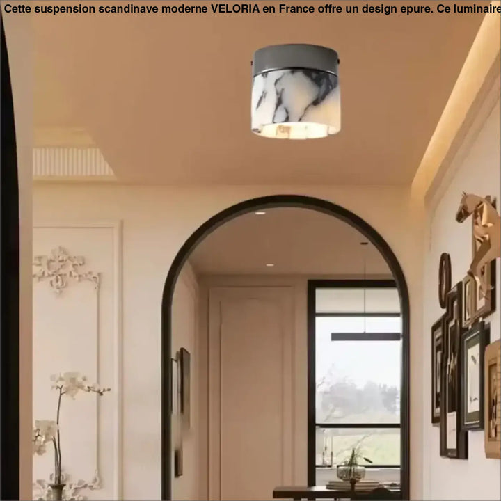 Luminaire plafonnier gapsi avec cadre cylindrique gris métallique et abat-jour verre marbré blanc moderne marbré