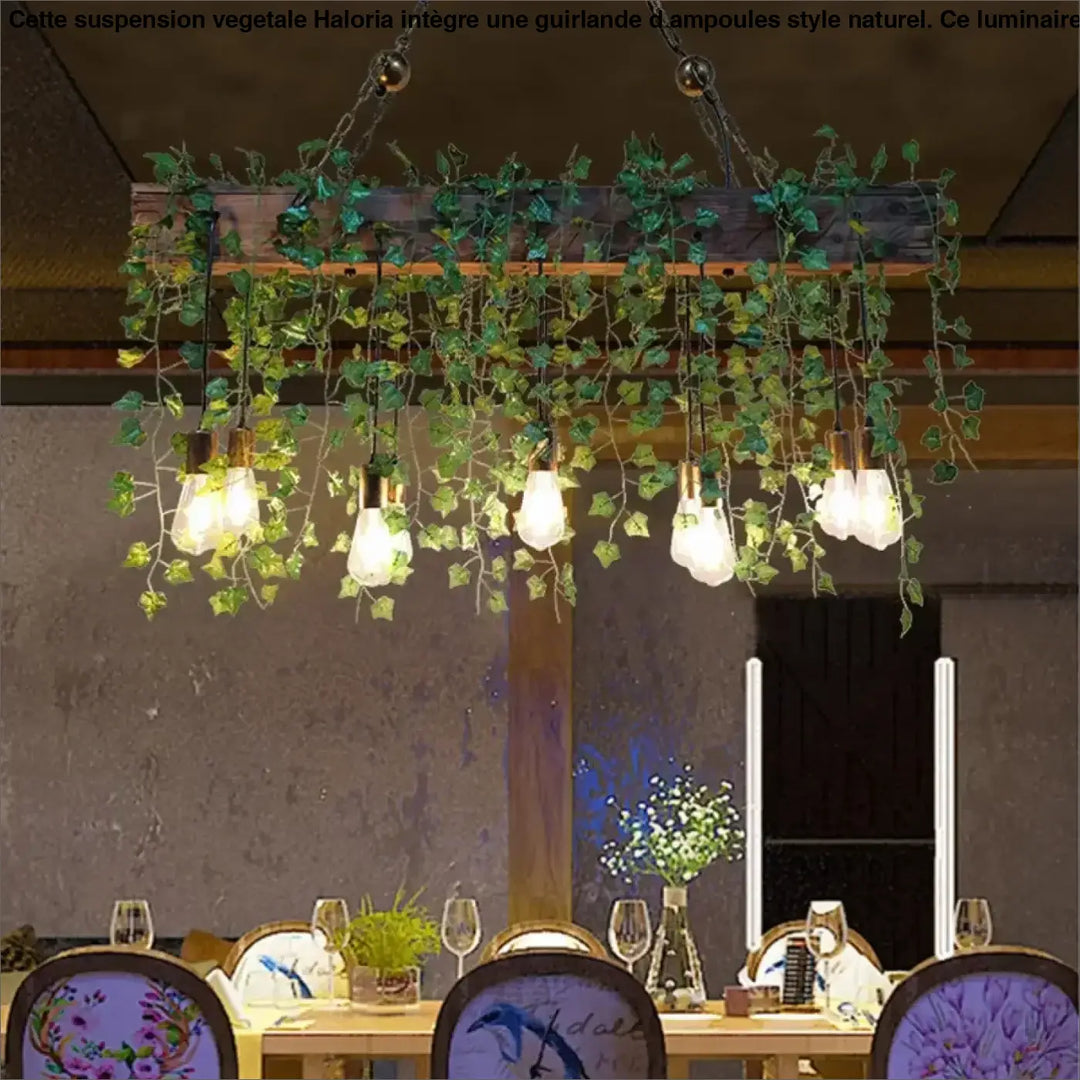 Suspension végétale avec guirlande d’ampoules style naturel cosy

