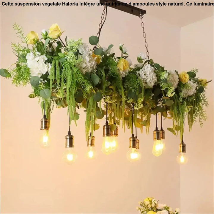 Suspension végétale avec guirlande d’ampoules style naturel cosy

