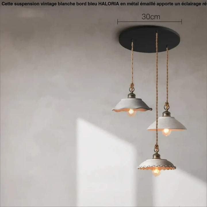 Suspension Vintage Blanche Bord Bleu Style Rétro Champêtre
