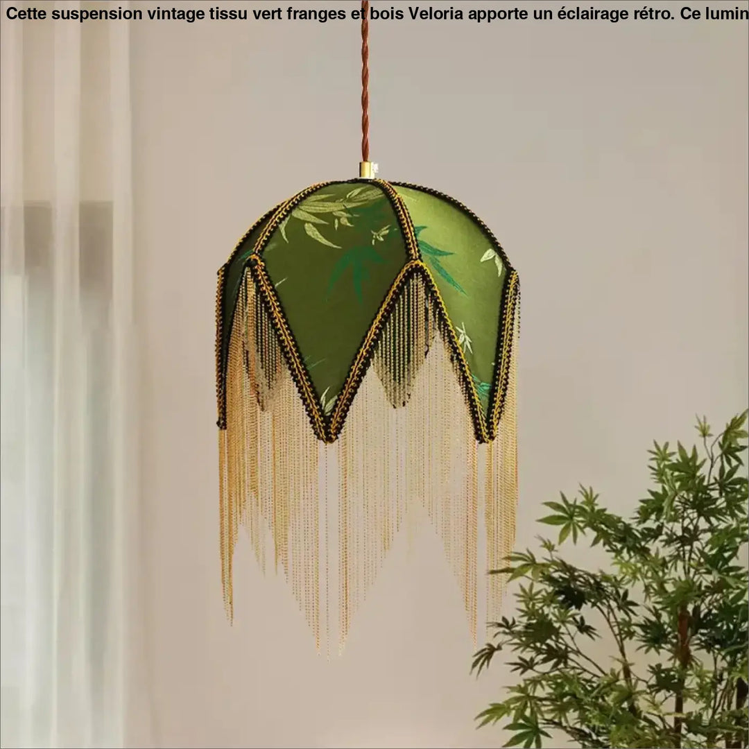Suspension Vintage Tissu Vert Franges et Bois Design Retro

