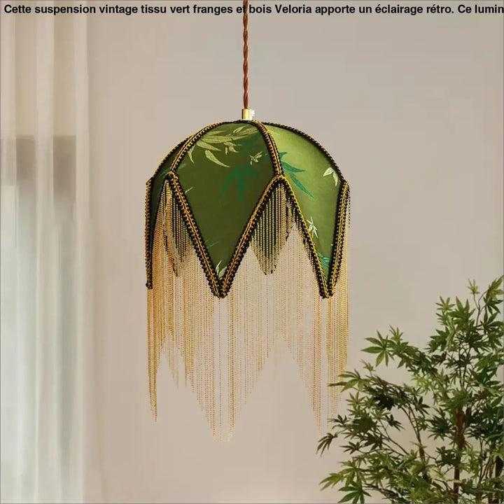 Suspension Vintage Tissu Vert Franges et Bois Design Retro

