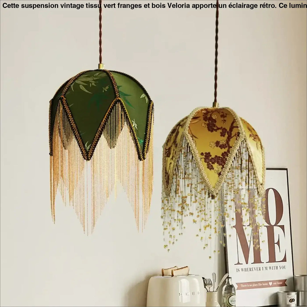 Suspension Vintage Tissu Vert Franges et Bois Design Retro

