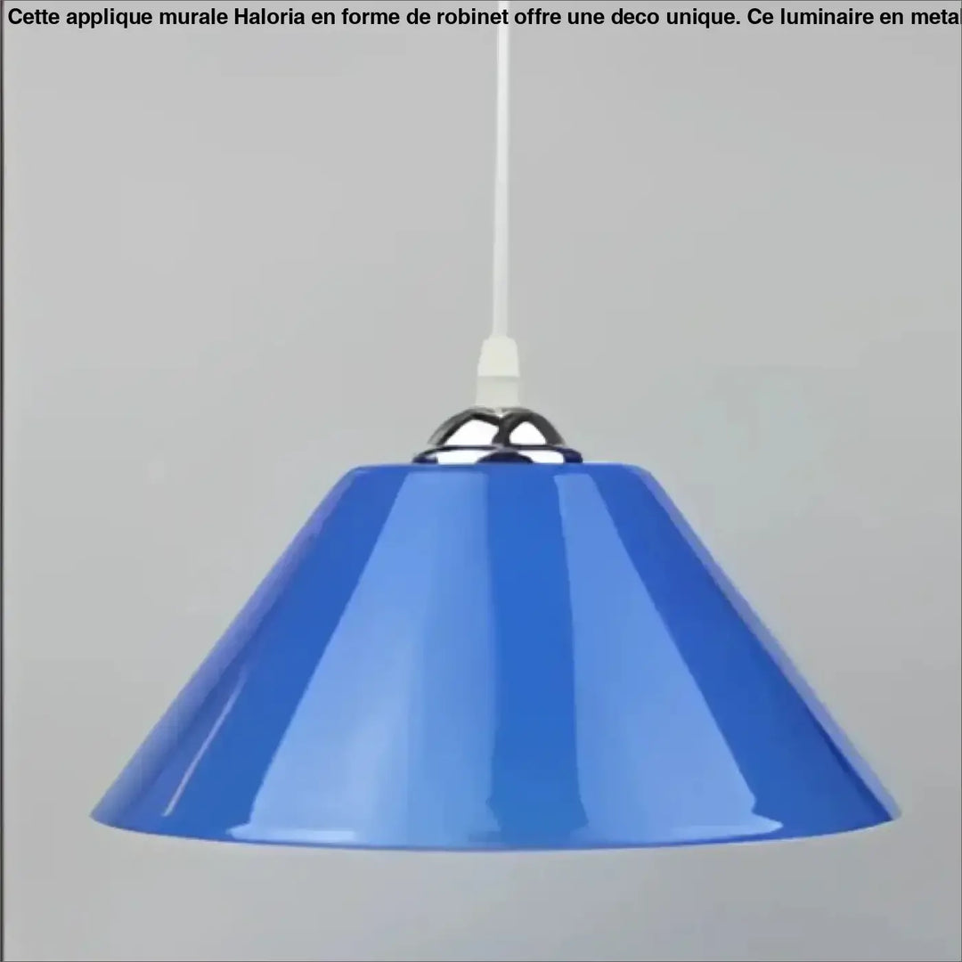 Suspension luminaire delta forme conique bleue avec fixation metal chrome et corde blanche pour décoration intérieure