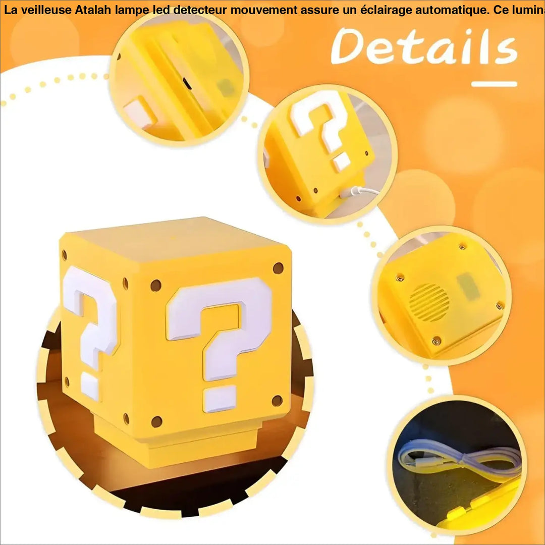 Veilleuse atalah lampe led detecteur cube jaune avec decals point d interrogation et grille haut parleur sur les cotes